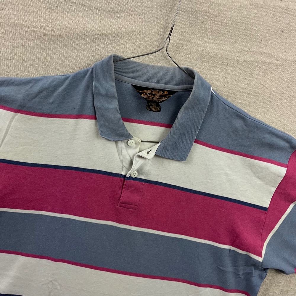 Eddie‎ Bauer Polo Shirt Mens XL Blue Magenta Striped Vintage Short Sleeve Cotton